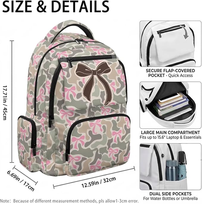Green Camo Bow Kids 4 Piece School Backpack Set, 17 Inch Lightweight Backpack with Lunch Bag, Pencil Case and Water Bottle Holder for Elementary Middle School - Image 4
