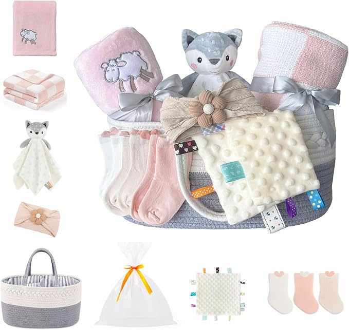 CREVENT Set for Girls -Diaper Caddy Organizer Basket with 2 Blankets, 1 Taggie, 1 Lovey, 3 Socks，1 Headband，1 Gift Bag with Ribbon - Newborn Essential Gift Set (Pink) by CREVENT