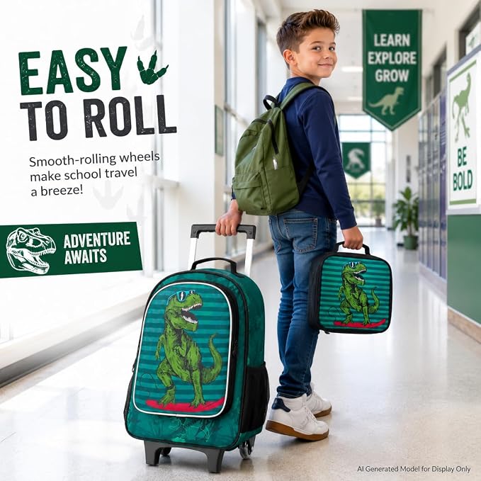 AGSDON 3PCS Rolling Backpack for Girls Boys, Kids Roller Wheels Bookbag, Wheeled School Bag with Lunch Bag - Image 5