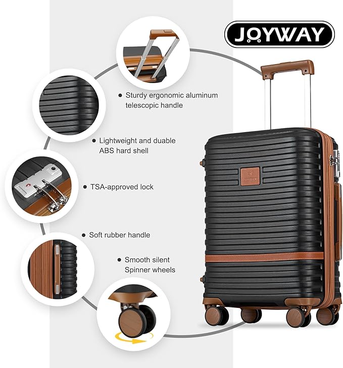 Joyway Carry On Luggage 20 Inch Expandable Suitcase with Spinner Wheel, 4 Piece Hard Shell Luggage Set with TSA Lock(Black brown) - Image 8