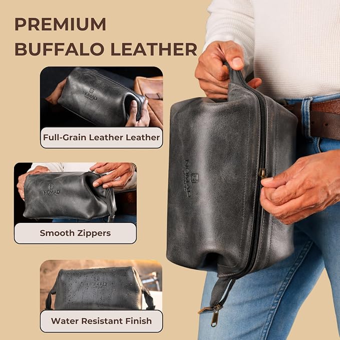 NomadCraftsCo. Premium Leather Travel Toiletry Bag for Men and Women, King-Size Dopp Kit with Waterproof Lining, Mens Toiletry Travel Bag - Image 5