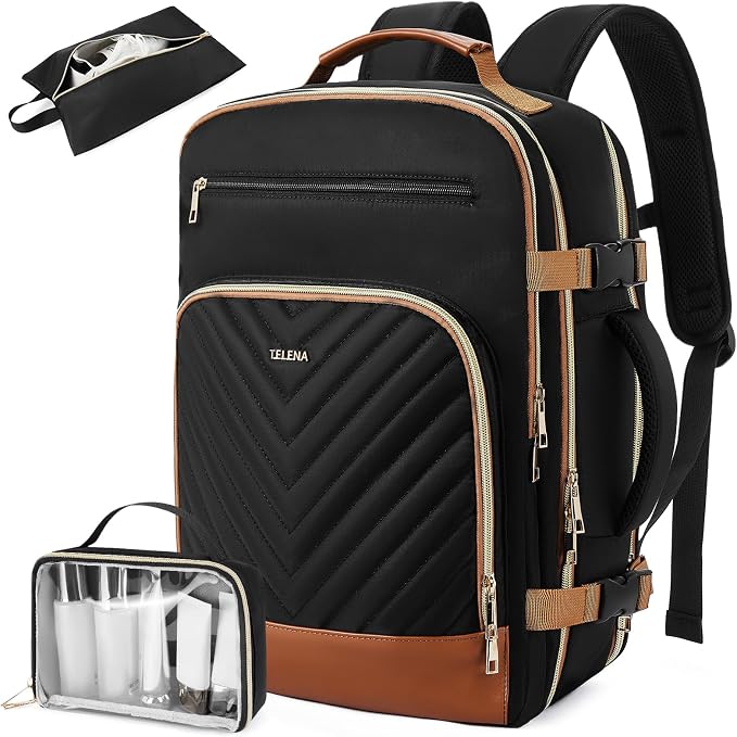 Telena Travel Backpack for Women, 17.3 inch Laptop TSA Carry On Personal Item Size Flight Approved Travel Bag Daypack with Multi-Pockets for Work, Travel, Business, Black-Brown by Telena