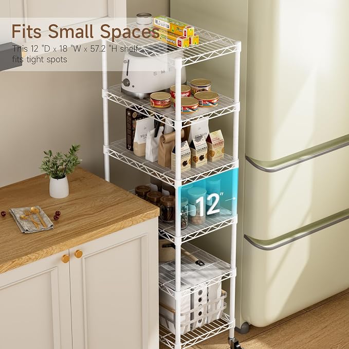 Golpart Small 6 Tier Shelves Storage Wire Shelving Unit Metal Shelf Adjustable Organizers Storage Shelving with Wheels for Bathroom Laundry Room Kitchen Pantry11.7”D x 17.7”W”W x 61.6”H White - Image 9