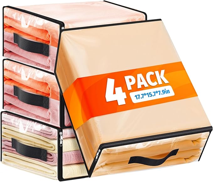 SpaceWhisper 4 Pack Clear Storage Bags, Plastic Blanket Storage Bags with Zipper and Handle, Moving Bags for Comforter, Bedding & Clothes, Closet Organizer and Under Bed Storage (17.7x15.7x7.9 Inch) by Unknown