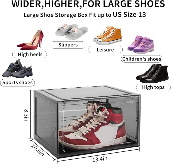 Large Shoe Boxes Clear Plastic Stackable, 8 Pack Drop Side Shoe Storage Organizer with Magnetic Door, Shoe Container Sneaker Storage Display Case Fit up to US Size 13 Black - Image 2