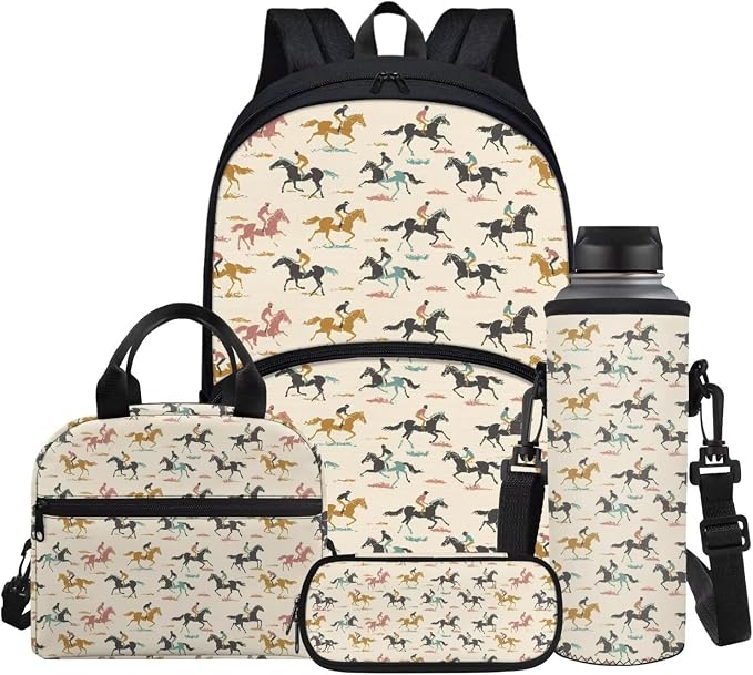 17 Inch Backpack for Kids Running Horse Beige Print Large Capacity Bookbag with Thermal Insulated Lunch Box Pencil Case & Water Bottle Cover 4 in 1 by Glomenade