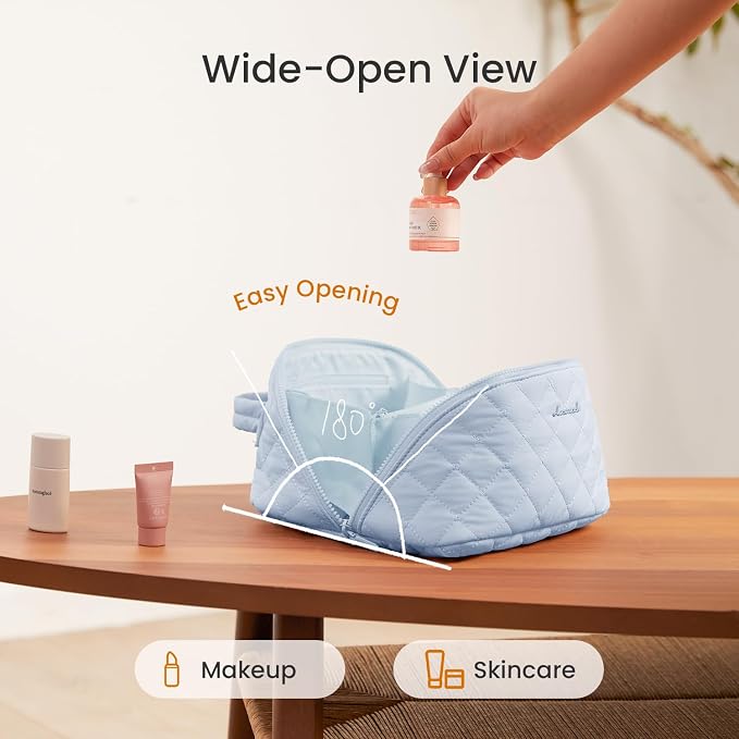 LOVEVOOK Travel Makeup Bag for Women, 2Pcs Puffer Waterproof Cosmetic Organizer, Large Capacity Pouch Open Flat Small Toiletry Bag with Brush Compartment & Handle (Blue, Medium) - Image 2