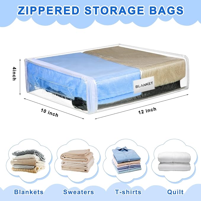 Kenning 20 Pcs Clear Zippered Storage Bags for Sheet Plastic Sweater Bag with Handle and Label Pocket Vinyl Stackable Closet Organizer Moving Bag for Bed Blanket Clothes Pillow(White,12 x 10 x 4 Inch) - Image 2
