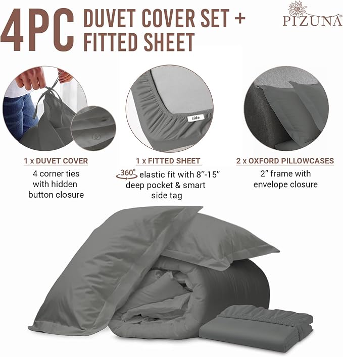 Pizuna 100% Cotton Queen 1 Pc Duvet Cover + 1 Pc Fitted Sheet Set 400 Thread Count Dark Grey Sateen Weave Luxurious Long Staple Cotton 4 Piece Bedding Set -1 Duvet Cover,2 Pillow Shams,1 Fitted Sheet - Image 3