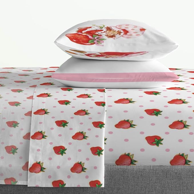 Jay Franco Kids Sheet Set with Fitted, Flat Sheets & Pillow Cover - Ultra-Soft Bedding with Pillowcase for Room Decor, White - Strawberry Shortcake, 4 Piece Queen - Image 6