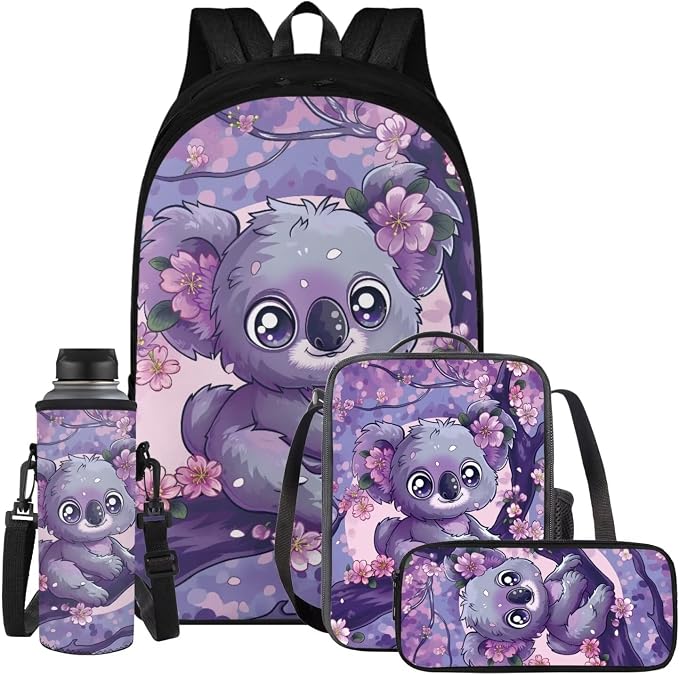 Cherry Blossom Koala Backpack for Girls Kids Backpack with Lunch Box Water Bottle Holder with Strap and Aesthetic Pencil Case 4PCS Set Cute Bookbag with Compartments 17 inch Kawaii School Bag by ELEDIZI