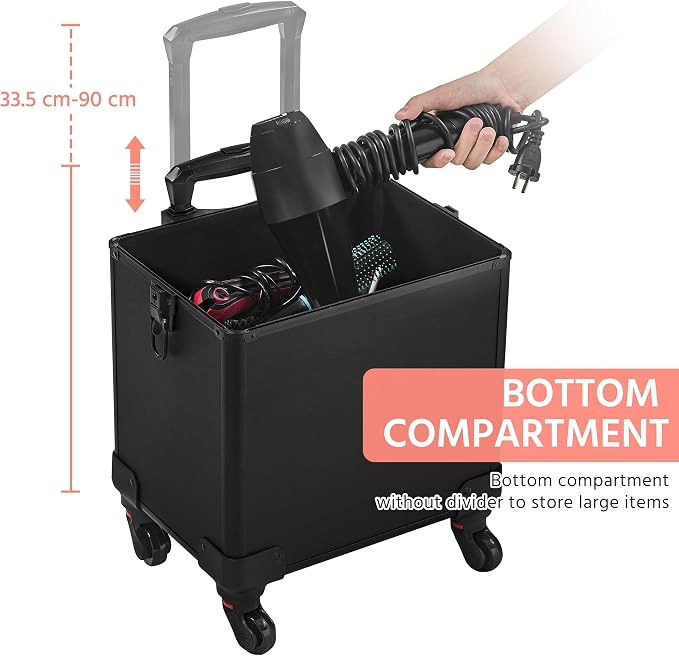 Yaheetech 4 in 1 Rolling Makeup Train Case, Lockable Black Cosmetology Cart | Extra large aluminum-trimmed nail cart with detachable tiers and accordion trays keeping beauty supplies organized on the go - Image 6