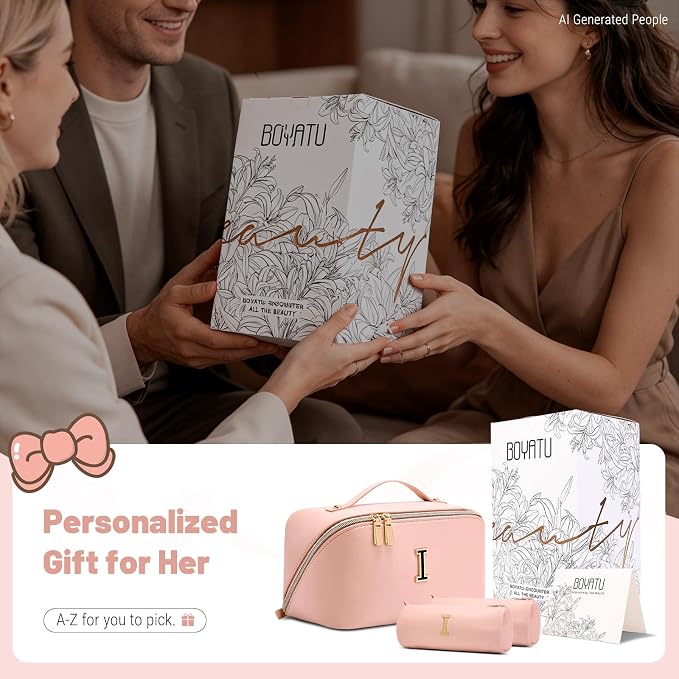 BOYATU Personalized Travel Makeup Bag: 3-in-1 Cosmetic Bag Gift for Women | Initial Make up Bag Organizer - Custom Letters A-Z - Flat Open Portable Toiletry Bag for Birthday Graduation Anniversary - Image 2