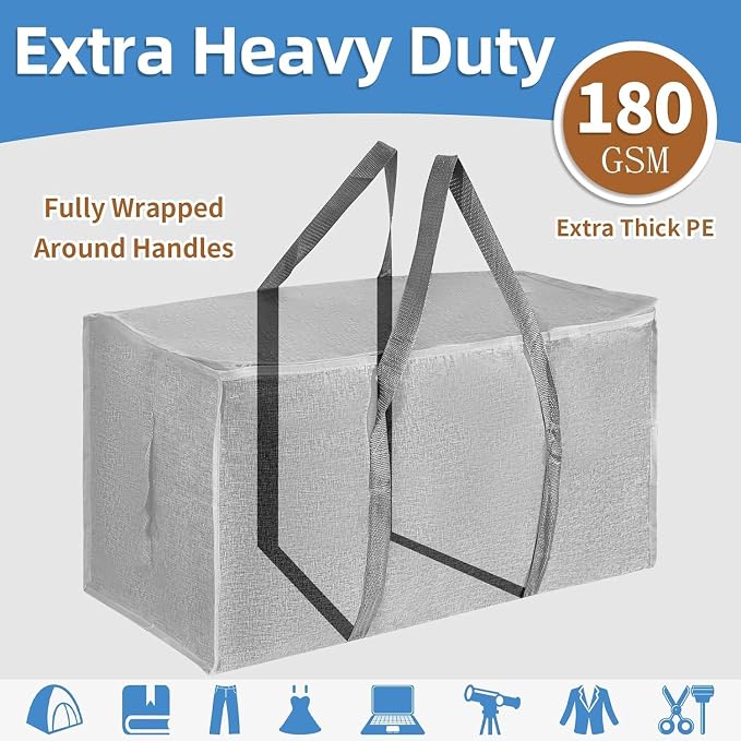 16 Pack-Extra Large Heavy Duty Moving Bags - Waterproof Storage Totes with Handles & Zippers, Foldable for College Dorm, Storage (Gray) - Image 2