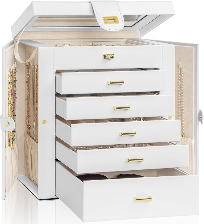 AKOZLIN 6-Tier Jewelry Box Organizer Functional 5 Drawers Leather Jewelry Storage Case for Women Girls Ring Necklace Earring Bracelet Holder Organizer with Mirror White Large by AKOZLIN