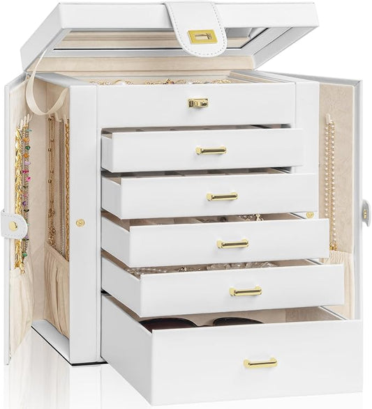 AKOZLIN 6-Tier Jewelry Box Organizer Functional 5 Drawers Leather Jewelry Storage Case for Women Girls Ring Necklace Earring Bracelet Holder Organizer with Mirror White Large by AKOZLIN