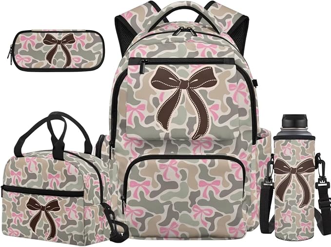 Green Camo Bow Kids 4 Piece School Backpack Set, 17 Inch Lightweight Backpack with Lunch Bag, Pencil Case and Water Bottle Holder for Elementary Middle School by Unknown