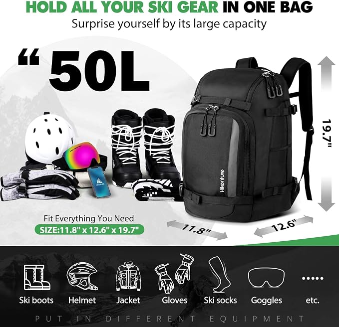 Hikenture Ski Boot Bag Backpack, 50L Padded Ski Bag & Snowboard Boot Bag with Drain Holes, Large Capacity Water-Resistant Ski Travel Bag for Ski Boots, Helmet, Goggles, Clothes, Gloves, Snowboard Gear - Image 2