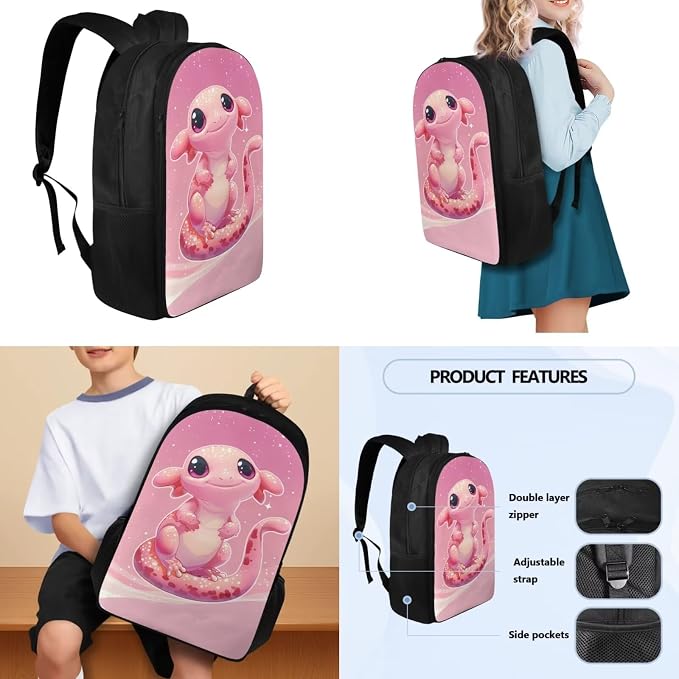 School Backpack with Lunch Bag for Boys Girls Pencil Bag Water Bottle Sling for School, Cute Axolotl School Bag Bookbag Rucksack Primary Middle Knapsack Set - Image 3