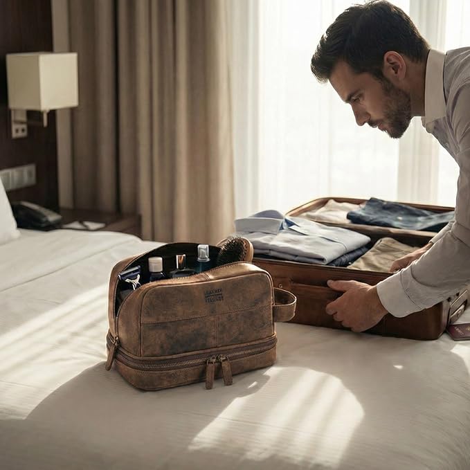 LEATHER VILLAGE Genuine Leather Dopp Kit - Travel Bag with Waterproof Lining, Large Capacity Toiletry Bag, Dual-Zip Design for Men & Women, Shaving & Bathroom Essentials Organizer-Rustic Brown - Image 7