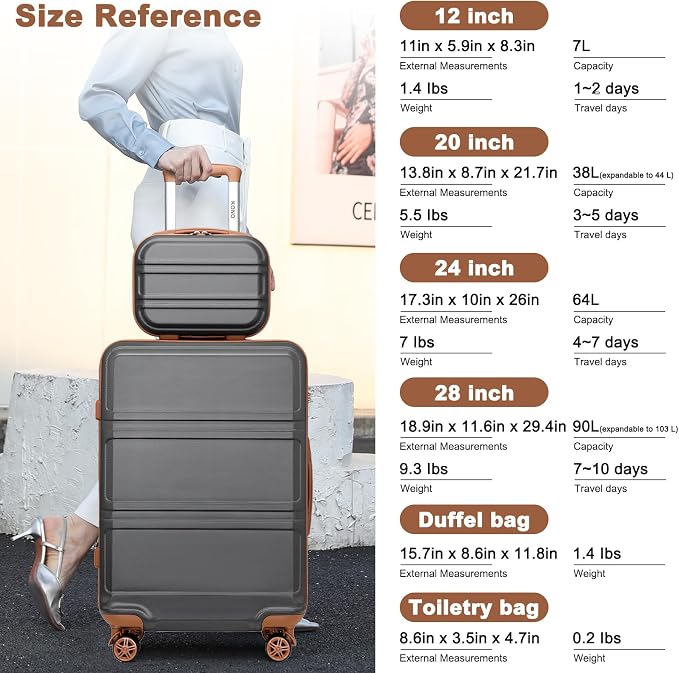 Kono Suitcase Set 3 Piece Luggage Set Expandable with Spinner Wheels | Lightweight PC+ABS Carry On Hardside Luggage with TSA Lock (Apricot Grey, 6 piece set) - Image 6