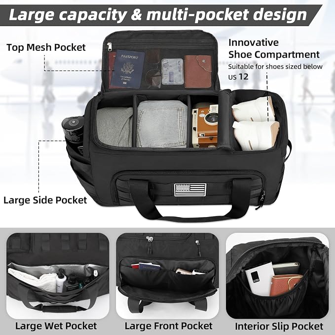 ZOMFELT Tactical Gym Bags for Men, 22x14x9 Carry On Luggage Duffle Bag for Travel, 3-in-1 Sports Basketball Soccer Bag with Removable Dividers & Shoe Compartment, Weekender Overnight Travel bag, Black - Image 3