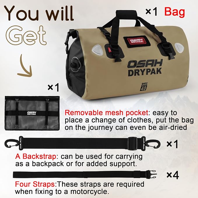 OSAH DRYPAK Waterproof Duffel Bag - Motorcycle Dry Bag Tail Bag with Large Storage Space, Waterproof Luggage Duffle Bags with Outer Mesh Zipper Pocket for Camping, Kayaking, Fishing & Traveling - Image 7