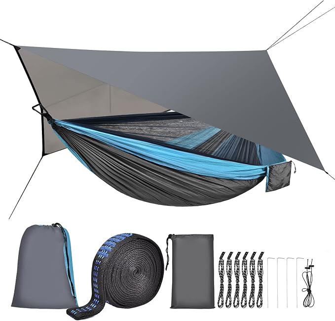Camping Hammock with Mosquito Net Rain Fly Heavy Duty Tree Strap Nylon Parachute Single Double Hammock Tent Waterproof Rainfly Set for Camping Backpacking Backyard Patio Hiking Travel Outdoor by WELCOMETOFIRINER