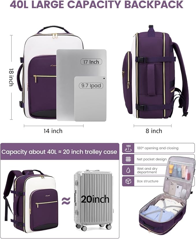 LOVEVOOK 40L Travel Backpack for Women & Men, Airline Approved Carry On Luggage with 3 Packing Cubes, TSA Overnight Bags, Waterproof Personal Item Bag, Weekender Essentials Backpacks fits 17" Laptop - Image 4