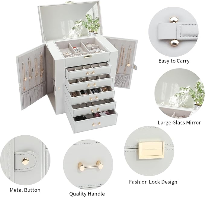 Large Jewelry Box, Jewelry Boxes for Women Large Jewelry Organizers and Storage, Jewelry Organizer for Rings Earrings Necklaces Glasses Bracelets Watches, Grey - Image 2