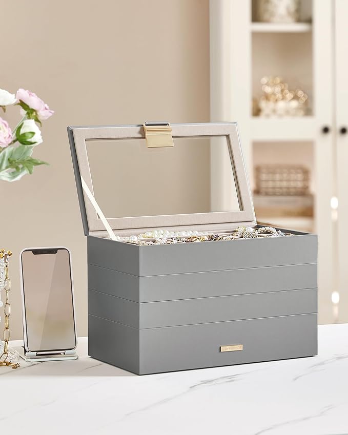 SONGMICS Stackable Jewelry Trays, 4-Tier Jewelry Box, Drawer Jewelry Organizer, with Glass Lid, Removable Dividers, for Vanity Table, 6.7 x 11 x 7.2 Inches, Gift Idea, Dove Gray UJBC164G01 - Image 2