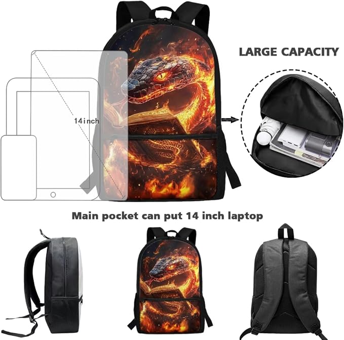 Reading Boys Snake School Backpack 4Pcs Set with Insulated Lunch Box Pencil Case Water Bottle Holder 17 Inch Cool Fire Snake Bookbag Ages 5-12 Grades K-6 Back to School Birthday Gifts - Image 4