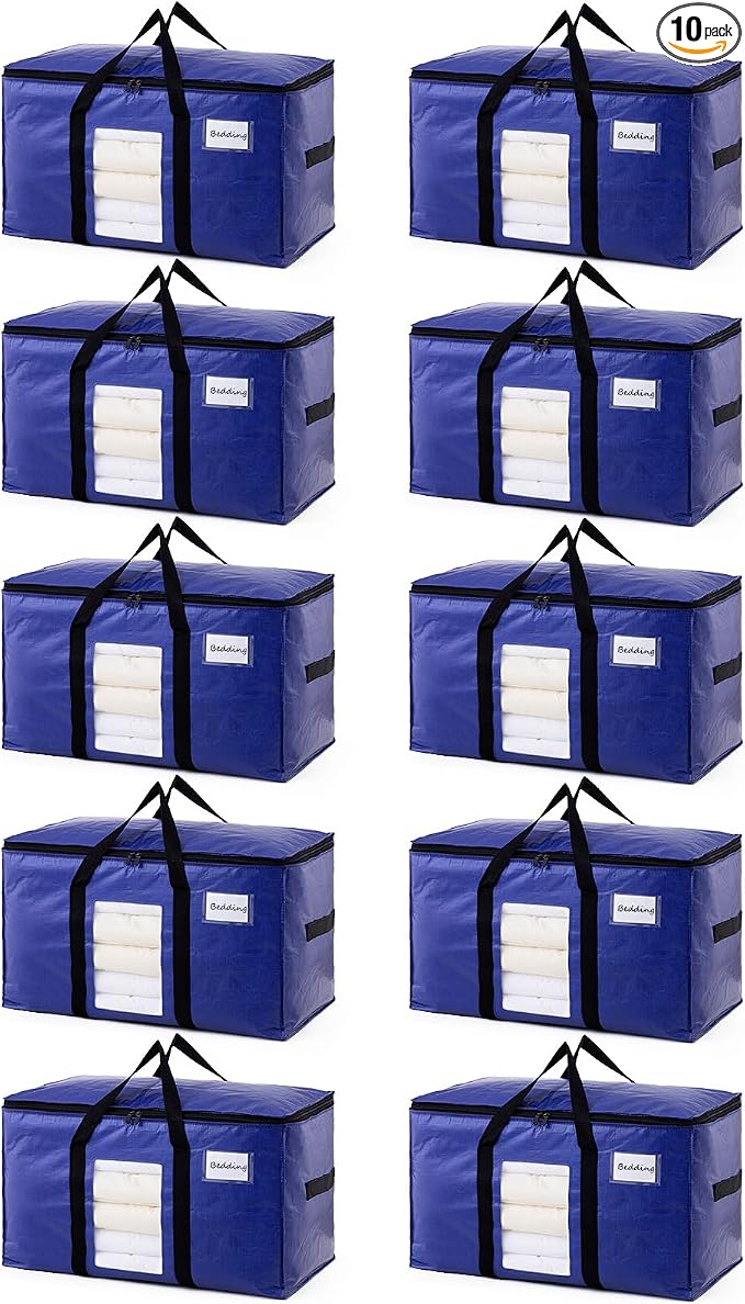 TAILI 10 Pack Dark Blue Extra Large Moving Bags, Heavy Duty Totes with Visible Window, Wrap Around Handles, Great for Space-Saving by TAILI