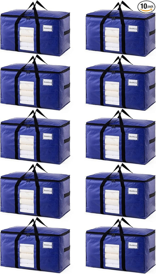 TAILI 10 Pack Dark Blue Extra Large Moving Bags, Heavy Duty Totes with Visible Window, Wrap Around Handles, Great for Space-Saving by TAILI