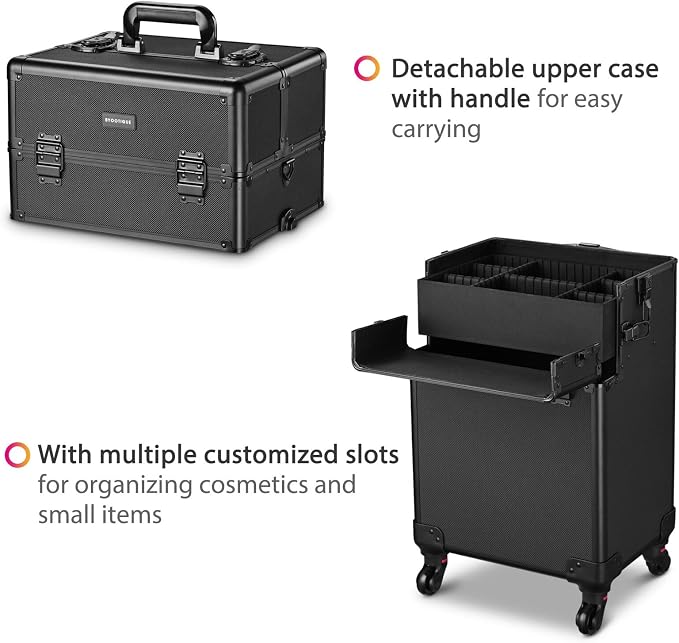 Pro Makeup Rolling Beauty Cosmetic Customizable Train Case Storage Compartment with Wheels and Telescoping Handle and Strap (Black) - Image 3