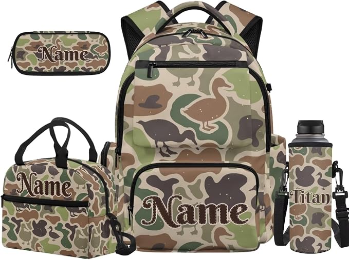 Duck Camo Custom Name 4Pcs Kids Backpack Set for School, 17 Inch | Lunch Box, Water Bottle Holder, Lightweight Durable 600D Material, Multi Pockets, for Elementary Middle School Daily Travel by Unknown