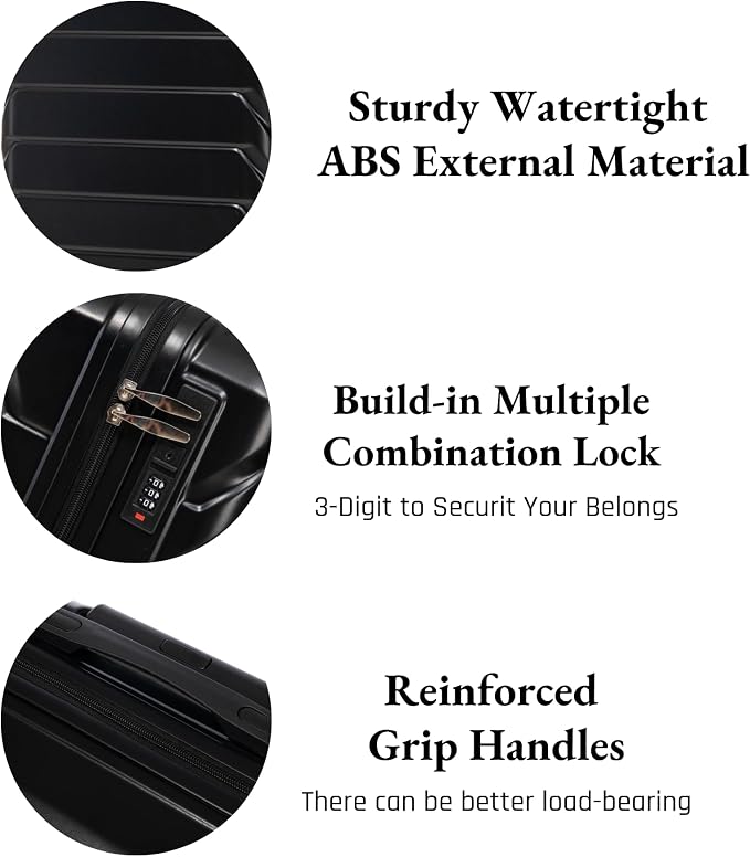 2-Piece ABS Hard Shell Lightweight Carry-On Luggage Set (14" & 20"), 360-Degree Spinner Wheels, Adjustable Telescopic Handle and Combination Lock for Travel, Black - Image 2
