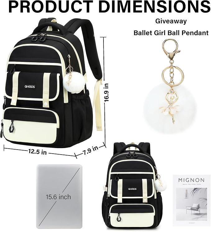 School Backpack for Girls, 3PCS Laptop Backpack 15.6 Inch with Lunch Box Pencil Pouch Set for Kids Teens Elementary Middle High School College Bookbag Student Casual Travel Daypack,Black Beige - Image 6