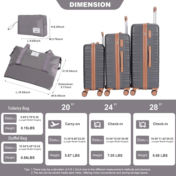 Luggage Sets 3 Piece,Suitcases with Double Spinner Wheels and TSA Lock,Hardcase 5 set Luggage with Travel Duffel Bag,Carry On Luggage Set - Image 3