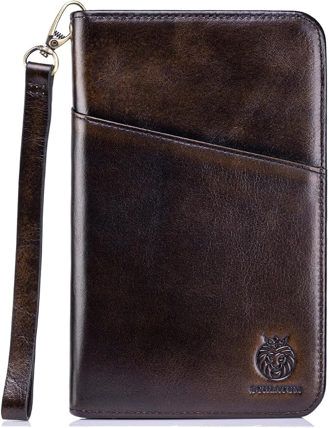 Passport Holder for Travel Family with Strap Genuine Leather RFID Blocking Travel Document Organizer Wallet with Pen Holder, Antiqued by SCHLATUM