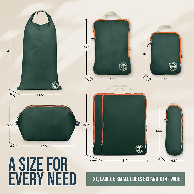 Large Compression Packing Cubes for Travel-Packing Cube Luggage Organizers 7 Piece Set for Checked Luggage-Ultralight, Expandable/Compression Bags by TRIPPED Travel Gear (Green/Orange) - Image 4