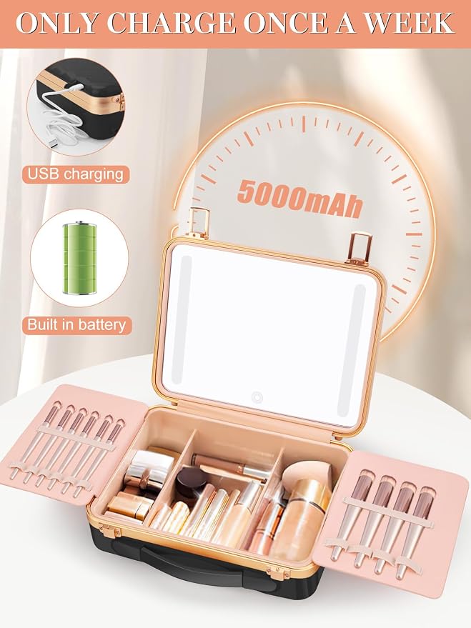 Kalolary Travel Makeup Train Cases with Lighted Mirror 3 Color Setting | Makeup Bag Cosmetic Case Organizer Adjustable Brightness Portable Makeup Storage Box For Makeup Brushes Accessories,Black - Image 5