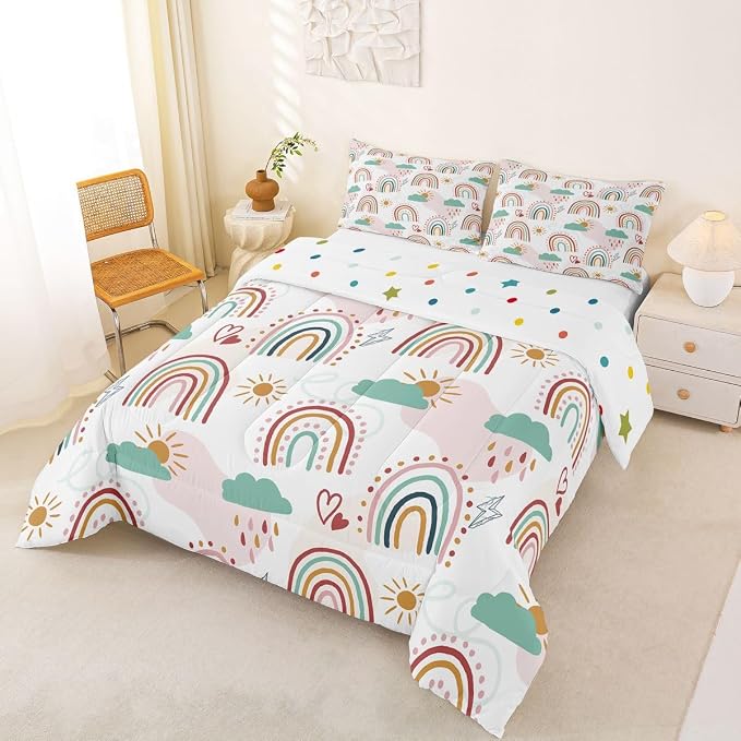 Erosebridal Rainbow Quilt for Kids Girls, Cartoon Sun and Clouds Comforter Set & Pillow Cases, Love Heart Down Comforter Iridescent Stripes Hand Drawn Bedding Set Kawaii Room Decor, Queen Size - Image 2