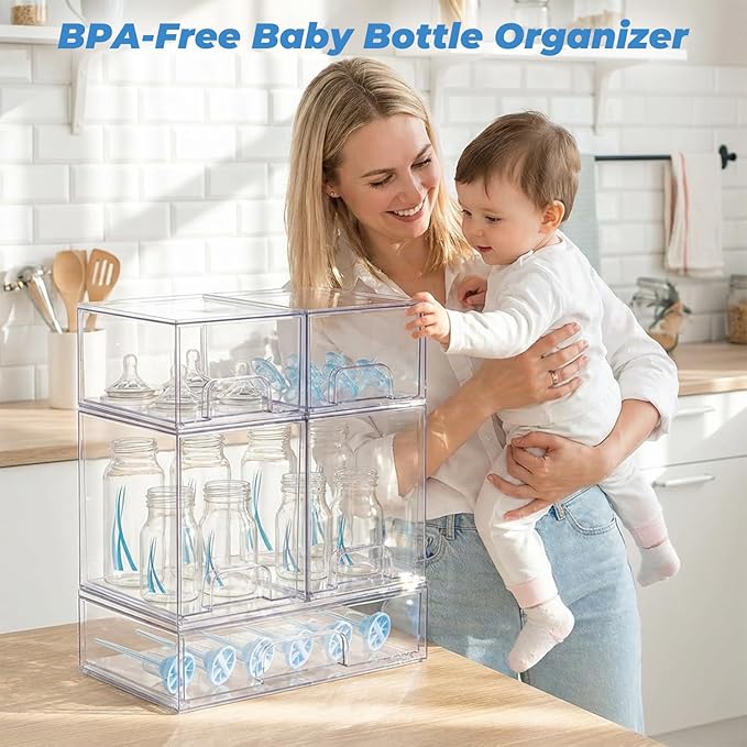 Baby Bottle Organizer, 5 Pack Stackable Storage Dust-proof Drawers, Clear Plastic Bottle Station Organizer for Countertop & Cabinet, Pacifier and Medicine Container for Nursery - Image 3