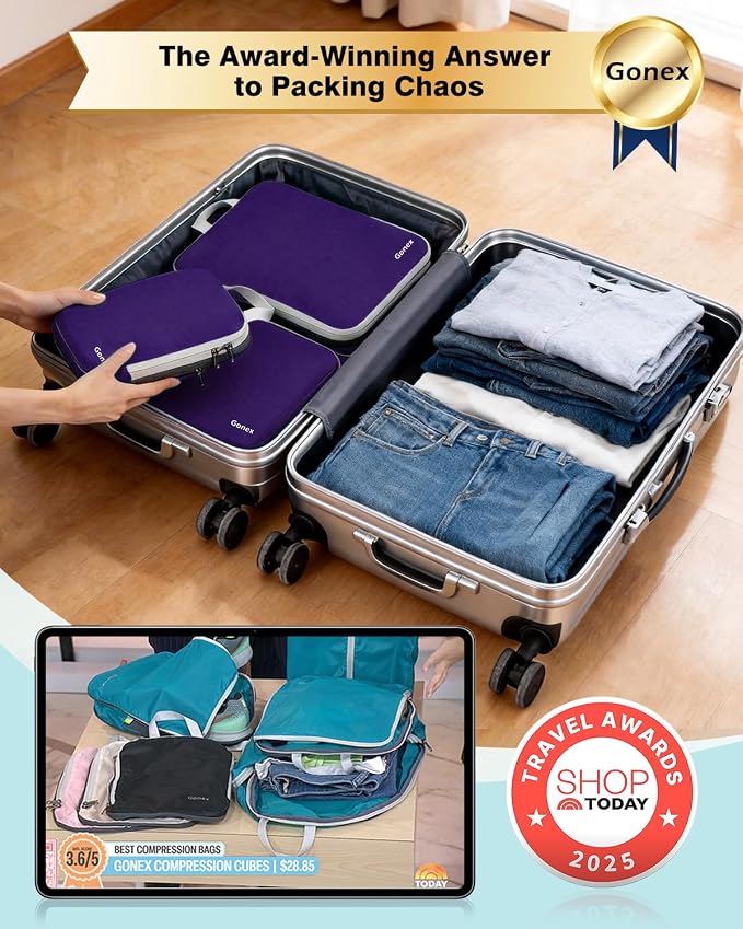 Gonex Compression Packing Cubes, 4pcs Expandable Storage Travel Luggage Bags Organizers (Purple) - Image 2
