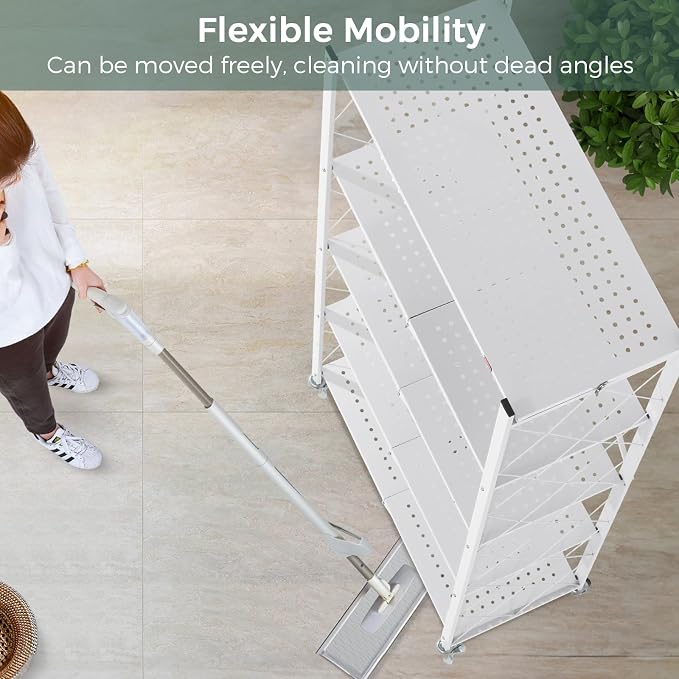 DEANIC 5 Tier Foldable Storage Shelves with Wheels, Large Capacity Shelving Unit, Freestanding Metal Wire Shelf Rack, No Assembly Organizer Rack for Garage Kitchen, Basement, Pantry White,3 Pack - Image 8