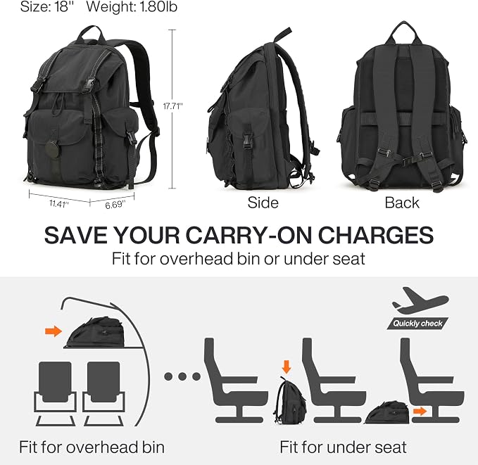 mixi Travel Backpack for Women Men, 18 Inch Carry On Laptop Backpack Flight Approved fits 16'' Laptop, Lightweight Waterproof Hiking Backpack Travel Outdoor Business Casual Daypack, Black - Image 5