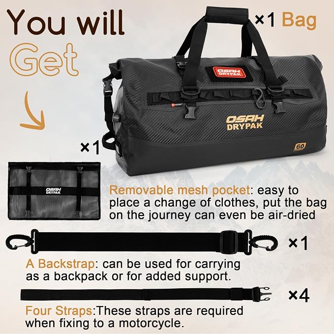 OSAH DRYPAK Waterproof Duffel Bag 25L/40L/60L – Heavy-Duty Motorcycle Tail Bag, Roll-Top Dry Bag for Travel, Camping, Boating, Kayaking, Outdoor Adventure - Image 8