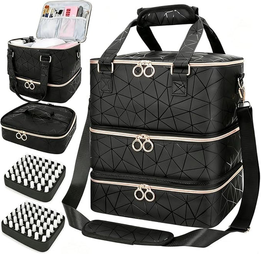 Nail Polish Organizer Bag Holds 84 Bottles & Nail Lamp, 3 Layers Nail Kit Storage Carrying Case Pu Leather, Large Nail Supplies Organizer With Shoulder Strap, Portable Travel Nail Bag For Nail Tech by MZTXY