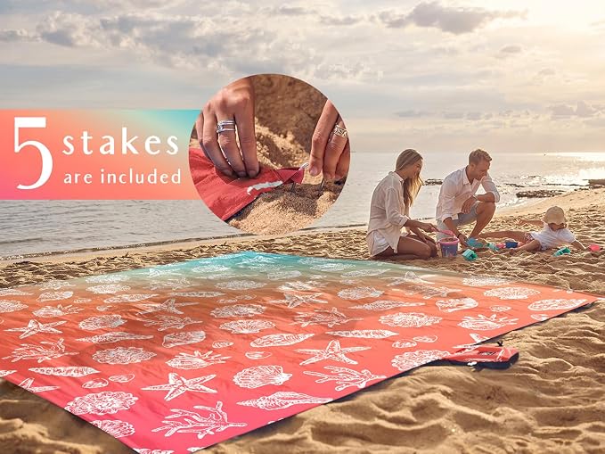 WEKAPO Beach Blanket Waterproof Sandproof Oversized, Extra Large Beach Mat Sand Free, Lightweight & Compact Sand Free Mat with 5 Stakes & 4 Corner Pockets - Image 6